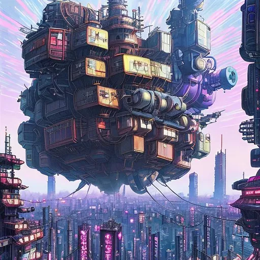 Prompt: howl's moving castle in cyberpunk tokyo