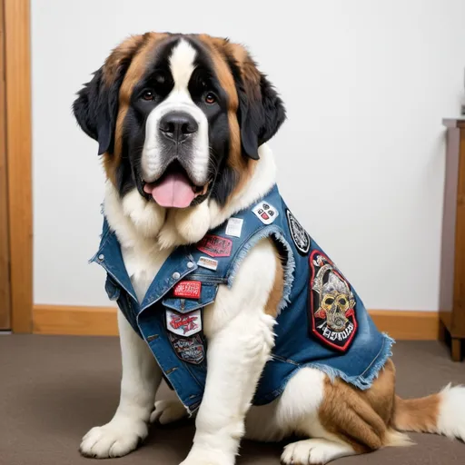 Prompt: st bernard wearing a heavy metal music denim vest with patches 