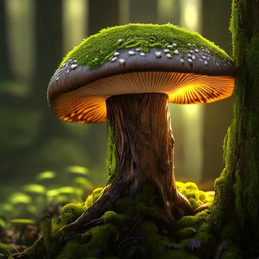 Prompt: A photorealistic close-up of a mushroom on a moss-covered tree trunk illuminated by a shaft of light.