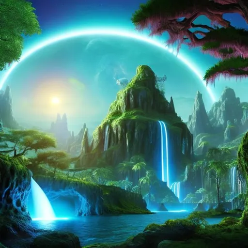 Prompt: Envision a civilization near a glowing waterfall in a lush forest. Fantasy, another dimension. Hyperrealistic, UHD, HD, 8K,  
