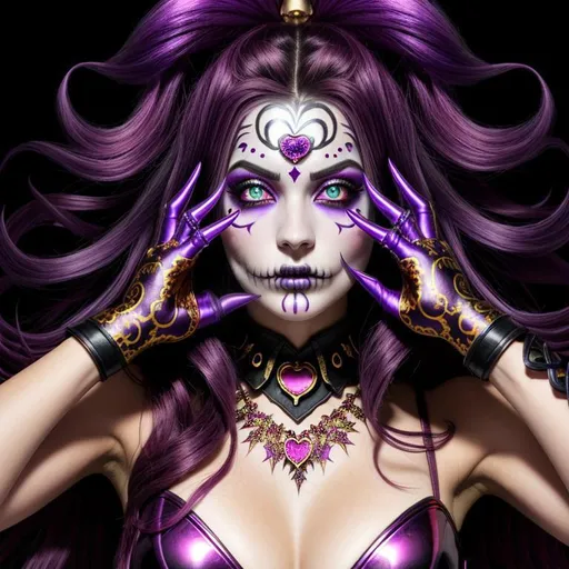 Prompt: Scary, Horror, Sinister, freeform dark chaos vivid bold, 3D, HD, [{one}({liquid metal {one}{Sugarskull}female, Beautiful big {heart-shaped}reflective eyes, long flowing hair, beautiful hands]::2, (clouds) with {purple gold pink green red silver blood}ink), ultra detailed full body artistic photography, detailed rugged Gorgeous detailed face, shadows, oil on canvas, brush strokes, ultra sharp focus, ominous, matte painting movie poster, golden ratio, epic, intricate, cinematic character render, hyper realistic, 64K --s98500