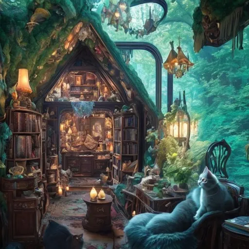 Prompt: there is a dark brown wood crystal cabin full of crystals and porcelains and some books in a room with a cat resting over the cabin and a person reading peacefully on a sofa