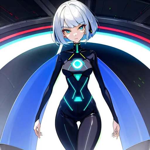 Prompt: a lonely AI girl, very tall, thick thighs, wide hips, long legs, slender arms, slender waist, big beautiful symmetrical eyes, intriguingly beautiful face, aloof expression, bob haircut with bangs, wearing Future-Corporate SurrealPop fashion clothes, 12K resolution, hyper quality, hyper-detailed, hyper-realistic, hyper-professional