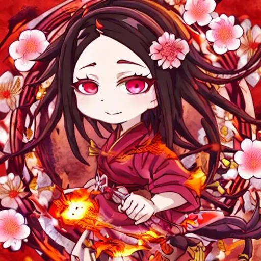 Prompt: nezuko with fire and flowers