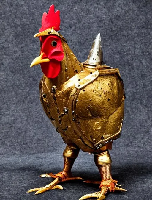 Prompt: A chicken with metallic armor 