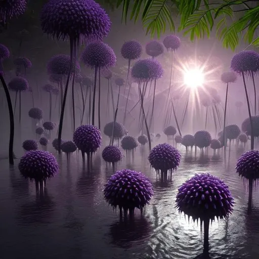Prompt: purple virus spreading on rainforest on rivers and trees with sun shining on realistic