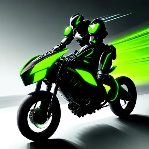 Prompt: Futuristic robot, agile, dangerous, green and black, realistic, exposed mechanics, strong, full body picture, riding motorcycle, in action