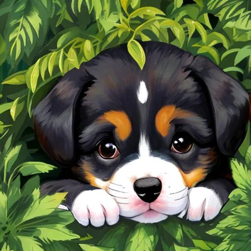 Prompt: Puppy in the bushes