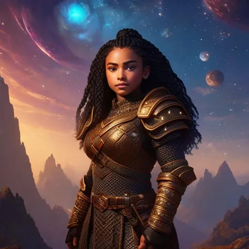 Prompt: dwarf girl, dark skinned woman with braided brown hair and dark blue eyes, Studded leather armor. Planets in sky. The entire image should be very intricate and extremely detailed with excellent lighting, ray tracing, high contrast, vivid detail, and perfect composition. Full body image. Octane, 4k, trending, highest quality, soft, art, RPG, highres, illustration,