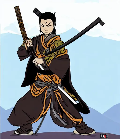Prompt: Monk-like samurai, holding a katana, looking cool. (Colored)