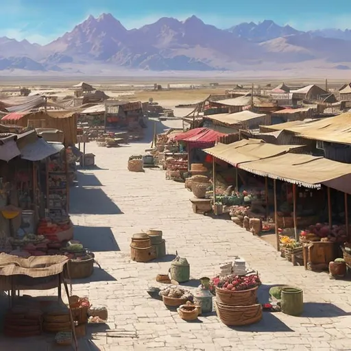 Prompt: fantasy, concept art, town on the outskirts of salt flats, market bazaar with equipment and supplies