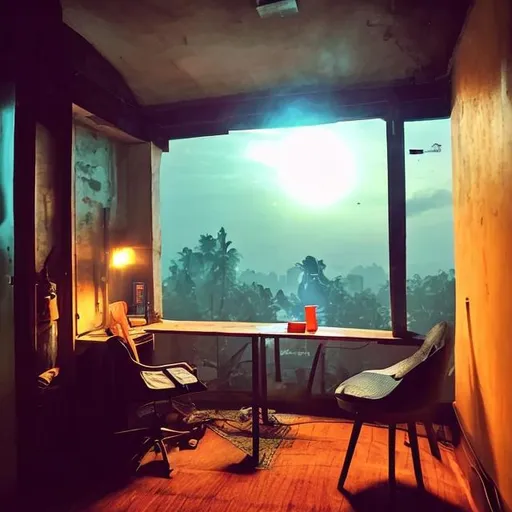 Prompt: one room with a alone smoker stay in his table with laptop and he work, red eye, song , bule sky outside
planets are  come in my room, cigarette in hand
 

