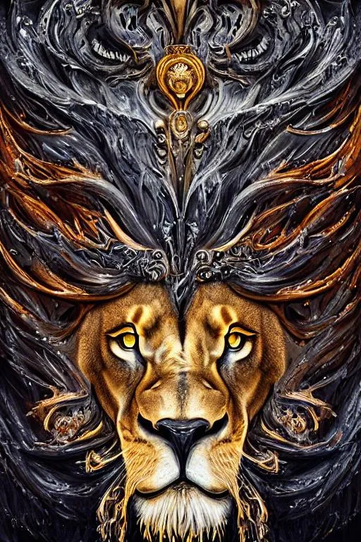 Prompt: Splash art, a lion portrait head, front, ((black background)), wearing Head accessories, epic Instagram, artstation, splash style of fractal paint, contour, hyperdetailed intricately detailed , unreal engine, fantastical, intricate detail, splash screen, complementary colors, fantasy concept art, 8k resolution, deviantart masterpiece, oil painting, heavy strokes, paint dripping, splash arts, ultra details