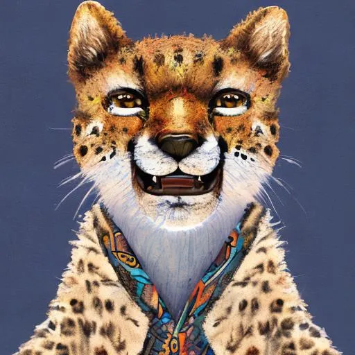 Prompt: book illustration, anthropomorphic cheetah, wearing a dashiki shirt, Beatrix Potter, water color, detailed, painting 