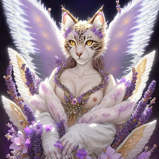 Prompt: a bejewelled felinoid fursona with soft downy facial fur, blue, lavender, mauve, cream, brown eyes, white and cream striped fine, whispy body fur, calico-Influence, white luminescent biomorphic glistening wings, in the style of Donato Giancola, Amanda Sage, in flower garden, darkness, glowing magical flowers, moonlight, low volumetric glowing fog, background theme glowing stars, epic, painted, fantasy, beautiful rich deep colors, in the style of Android Jones, Jean Tinguely, dynamic lighting volumetric lighting , occlusion, 128K UHD Unreal Engine 5