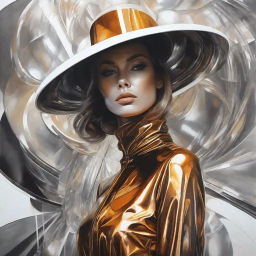 Prompt: drawing of a woman in a hat  with shiny latex Dress, in the style of futuristic realism, layered portraits, ethereal figures, split toning, graceful sculptures, serene faces, dark white and amber 