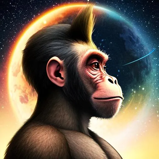 Prompt:  picture of monkey who is man, confusion, intergalactic, Perfect composition, realistic, full body, profile
