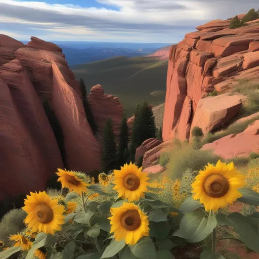 Prompt: top of a mountain, red rocks, pink pine trees, sunflowers.