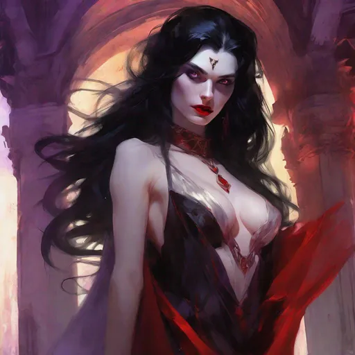 Prompt: digital art close up portrait of a pale-skinned vampire empress with ((long wavy black hair)), purple eyes, red lips, (looks like margot robie), (DDD cup), she wears revealing red seduction robes with (ample cleavage). set in the remnants of an ancient temple. inspired by Greg Rutkowski, Craig Mullins, and Krenz Cushart