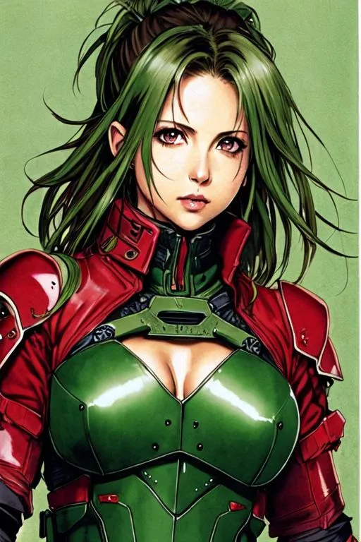 Prompt: (((Yoji Shinkawa))), sticker of ultra detailed portrait of Sarah Michelle Gellar  in red holy armor,  high quality cell shaded illustration in post apocalyptic style by Yoji Shinkawa, ((full body)), dynamic pose,Dark green hair, perfect anatomy, centered, freedom, Dark green hair, soul. Dark green hair, approach to perfection, cell shading, 4k , cinematic dramatic atmosphere, watercolor painting, global illumination, detailed and intricate environment, artstation, concept art, fluid and sharp focus, volumetric lighting, cinematic lighting, Art by Yoji Shinkawa,