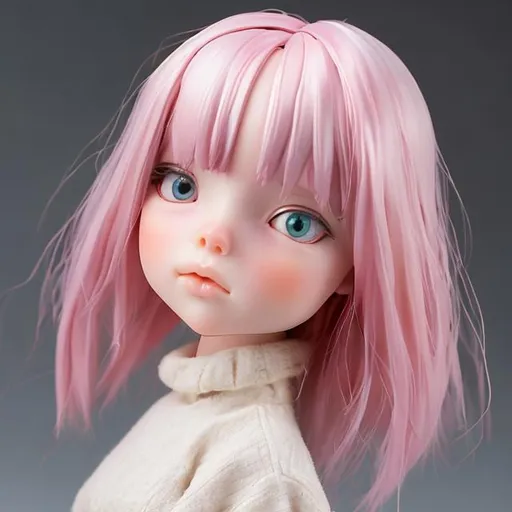 Prompt: create a semi realistic cute pink haired girl who looks like a figurine
