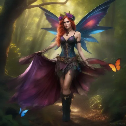 Prompt: Epic. Cinematic. Shes a (colorful), Steam Punk, gothic, witch. spectacular, Winged fairy, with a skimpy, ((colorful)), gossamer, flowing outfit, standing in a forest by a village. ((Wide angle)). Detailed Illustration. 8k.  Full body in shot. Hyper real painting. Photo real. A (beautiful), shapely, woman with, ((anatomically real hands)), and ((vivid)) colorful, ((bright)) eyes. A ((pristine)) Halloween night. (Concept style art). 