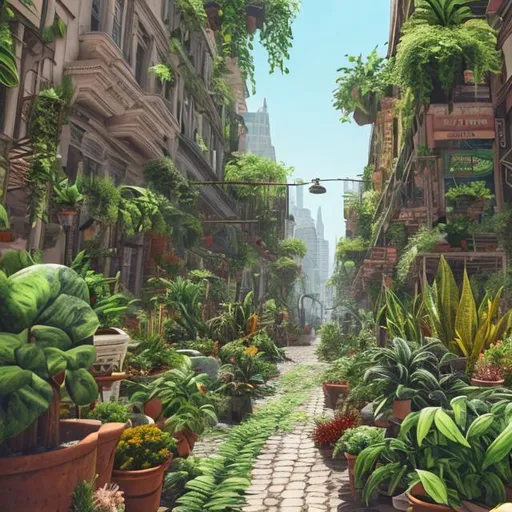 Prompt: A city that has been taken over by houseplants, ultra realistic, people taking care of the plants, sun shining, birds and animals playing, variegated plants, fine detail, city streets, vines, foliage