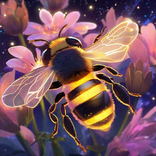 Prompt: A translucent bee that is glowing, front view, on a flower, beneath the stars, sunrise, bioluminescent, highres, best quality, concept art