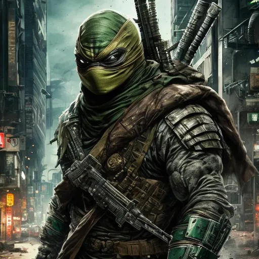 Prompt: Ninja turtle, dark green and bronze. Full body. Imperfect, Gritty, Todd McFarlane Spawn batman style futuristic army-trained villain. full face mask. Bloody. Hurt. Damaged. Accurate. realistic. evil eyes. Slow exposure. Detailed. Dirty. Dark and gritty. Post-apocalyptic Neo Tokyo .Futuristic. Shadows. Sinister. Armed. Fanatic. Intense. 