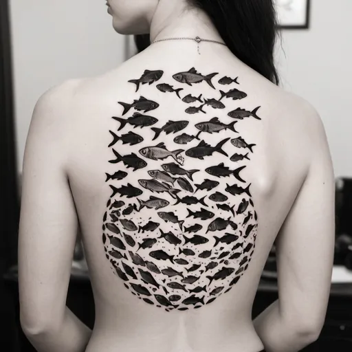 Prompt: a black and white tattoo of a school of fish
