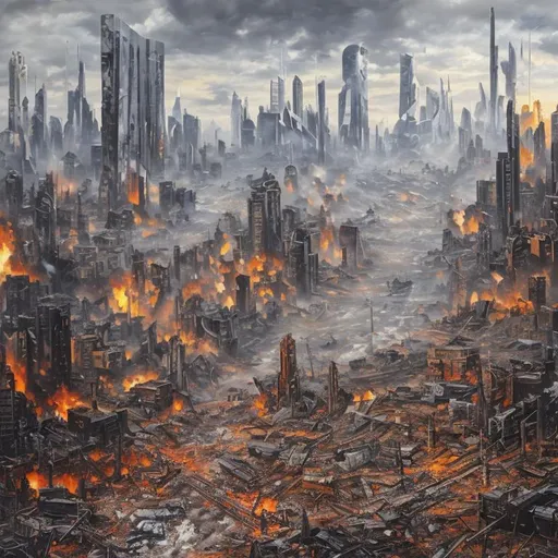 Prompt: The Aftermath of an epic warzone in a city. oil painting
