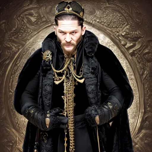 Prompt: tom hardy, baron, black robe with gold details, fur black hat, ushanka, jeweled gold skulls
