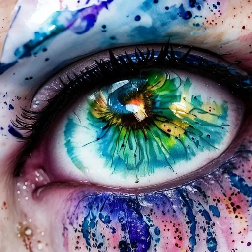Prompt: beautiful eye, blue green iris, watercolour splashes around, butterfly wing on the side of the eye