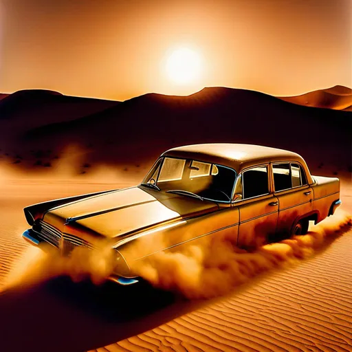Prompt: Vintage desert photo Sian ditella old car, cover in desert dust, heat effects in front golden hours 