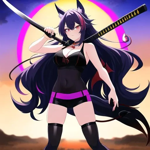 Prompt: Haley  as a demon (multi-color hair) (multi-color eyes)(she has horse ears) holding a katana, fighting, in a gunfight, bullets flying, fighting in a rural area, angry, (demon tail), (demon wings), lunging at the center, flying in the air