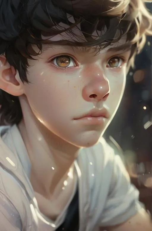 Prompt: Closeup face portrait of a boy, smooth soft skin, big dreamy eyes, beautiful intricate colored hair, symmetrical, anime wide eyes, soft lighting, detailed face, by makoto shinkai, stanley artgerm lau, wlop, rossdraws, concept art, digital painting, looking into camera