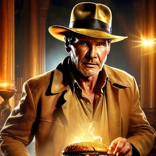 Prompt: Old Harrison Ford Indiana Jones taking the golden idol from the temple except the idol is a huge cheeseburger, photo realistic 4k, highly detailed image, high resolution