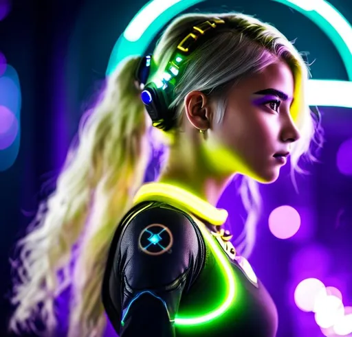 Prompt: Girl   with gray hair and colorful facial tattoos, in the style of futuristic settings, violet and bronze, robotics kids, photorealistic fantasies, schlieren photography, medieval fantasy, close-up shots