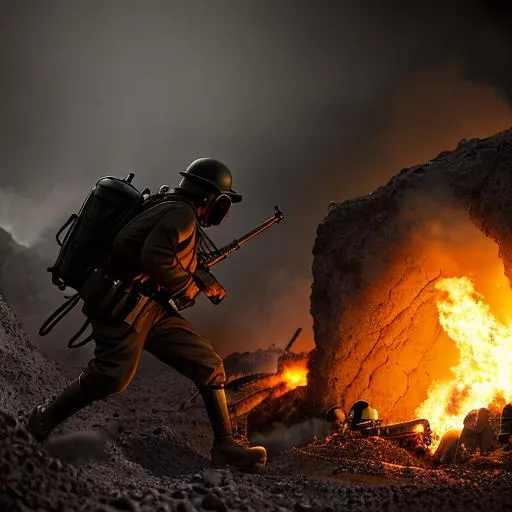 Prompt: Several mordern male black color with gas mask black coming out of the trenches, Highly Detailed, Hyperrealistic, sharp focus, Professional, UHD, HDR, 8K, Render, electronic, dramatic, vivid, pressure, stress, nervous vibe, loud, tension, traumatic, dark, cataclysmic, violent, fighting, Epic

