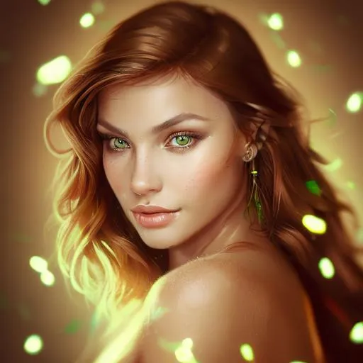 Prompt: High quality woman with photorealistic face and green eyes with brown hair and tan eyes, is the romantic heroine and has a golden glowing string 