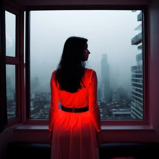 Prompt: A photography in Elsa Bleda style, a woman silhouette from behind looking through her apartment window  over a big decadent city at night, moonlight, red neon lights illuminating the ambient, ethereal gloomy mood, fog. 