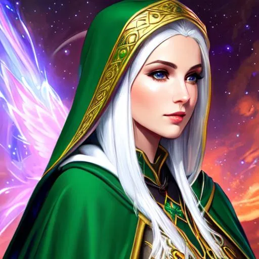 Prompt: robed cleric, dnd, elf, female, portrait, illustration, hooded, cape, humanoid, space 