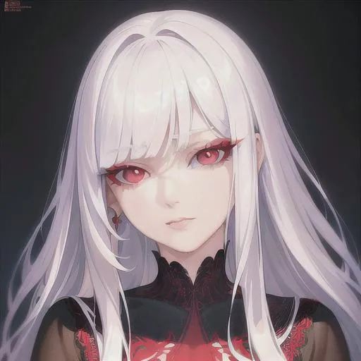 Prompt: (masterpiece, illustration, best quality:1.2), medium pure white hair, red eyes, wearing black nightgown, best quality face, best quality, best quality skin, best quality eyes, best quality lips, ultra-detailed eyes, ultra-detailed hair, ultra-detailed, illustration, colorful, soft glow, 1 girl