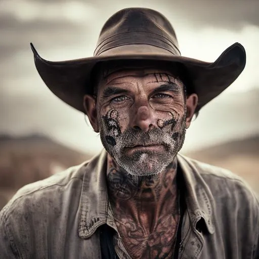 Prompt: It was only when he was closer that he noticed that every part of the exposed skin of the old wagon driver was covered in tattoos. His face was marked with symbols like those that decorated the cart, linked by complex intertwined outlines. His hands and lower arms were likewise overlaid with symbols. Spirals of pigment, originating from the symbols, extended even to the very tips of his fingers.
