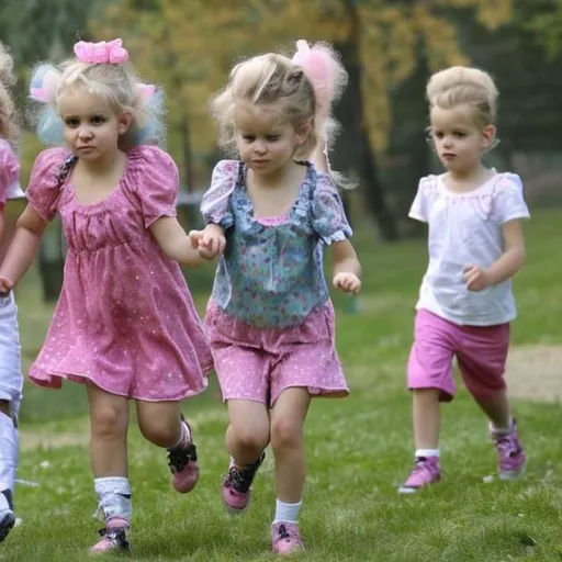 Prompt: bambini che corrono in un parco travestiti da adulti
