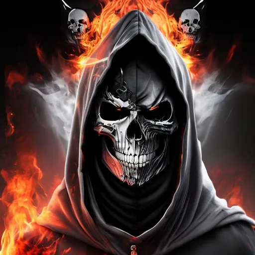 Prompt: a man with a hood on and with a skull face with black and white flames