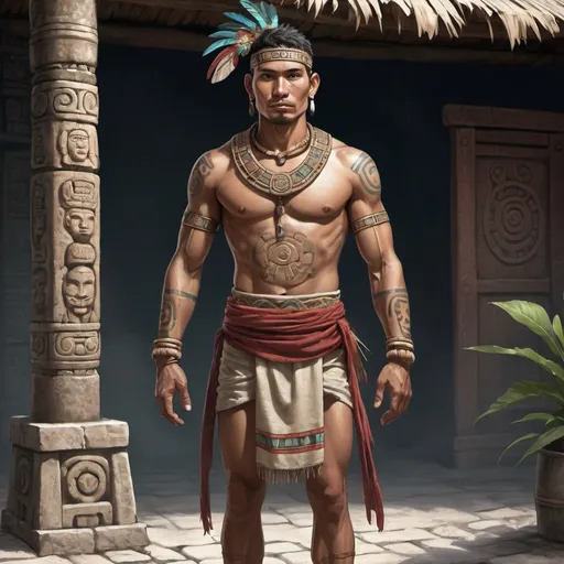 Prompt: Full body, Fantasy illustration of a male mayan servant, 35 years old, skinny, simple traditional garment, subservient expression, high quality, rpg-fantasy, mayan town