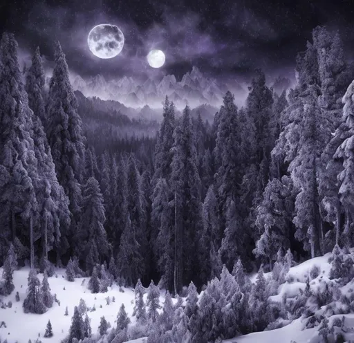 Prompt: A lower in the photo realistic dark forest in a deep royal purple monochrome coloring all the highlights but not the shadows. Very dark atmosphere. Large Snow capped mountains in the back ground at the upper part of the photo. At night with a large full moon gently illuminating everything. 
