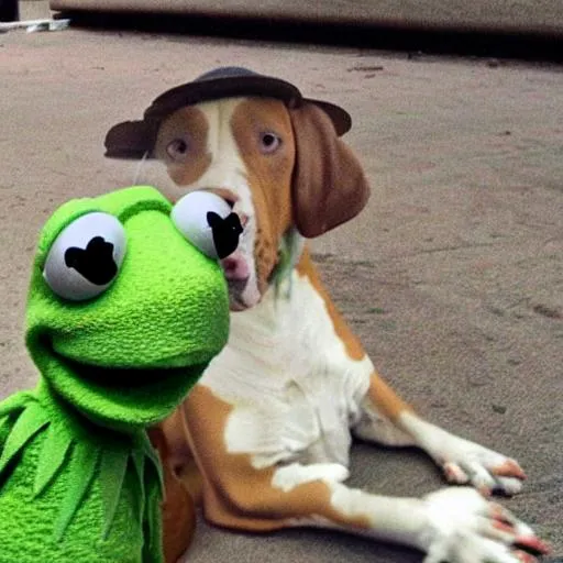 Prompt: pit bull killing kermit the frog