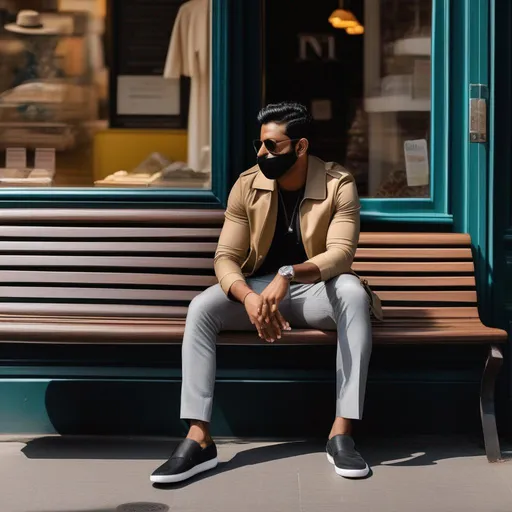 Prompt: Full body, Indian man, 28 year old, (round face, high cheekbones, sunglasses, mask covering nose), average muscles,  casuals, character portrait, photoshoot pose,  featured sitting on bench in front of street shop, mature, elegant, DSLR, intricate detail.